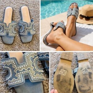 Madden Girl Blue Embellished Slide Sandals Size 9 Boho Chic